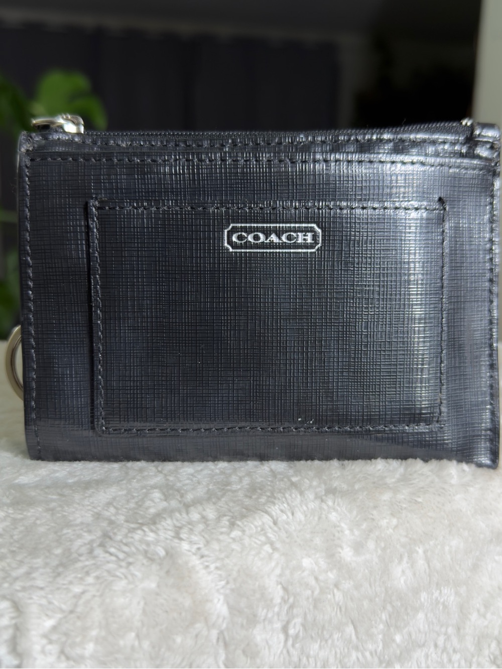 Coach Darcy Black Crossgrain Saffiano Leather Key Ring Card Case Wallet F49966